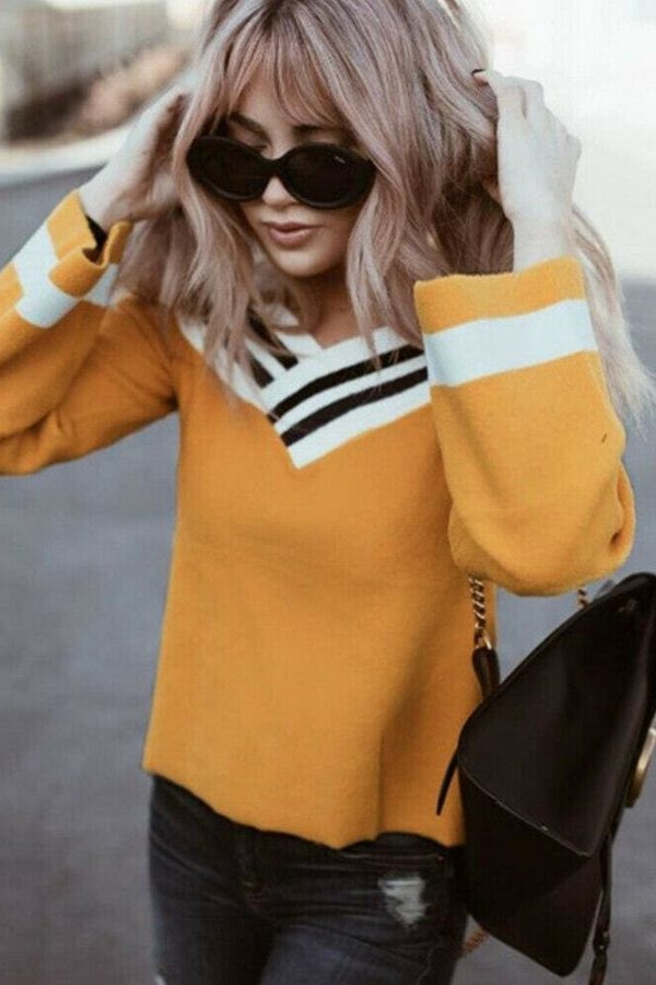 The Best New Women's Autumn Off Shoulder Long Sleeve Pullover Casual Tops V Neck Loose Lady Jumper Shirt Top Sweatshirt Online - Takalr