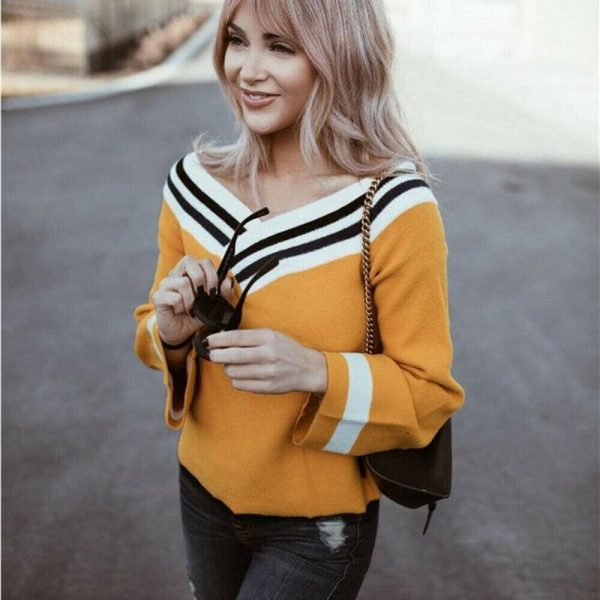 The Best New Women's Autumn Off Shoulder Long Sleeve Pullover Casual Tops V Neck Loose Lady Jumper Shirt Top Sweatshirt Online - Takalr