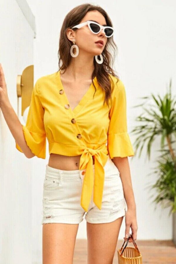 The Best New Women's Chiffon Half Sleeve V-Neck Bandage Shirt Fashion Ladies Summer Casual Solid Blouse Tops Women Clothes Online - Takalr