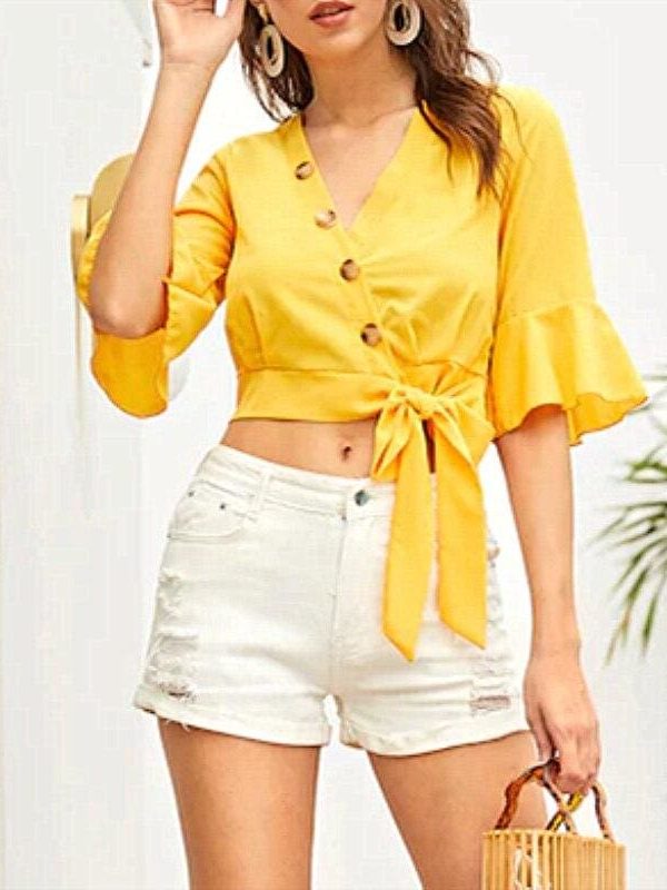 The Best New Women's Chiffon Half Sleeve V-Neck Bandage Shirt Fashion Ladies Summer Casual Solid Blouse Tops Women Clothes Online - Takalr