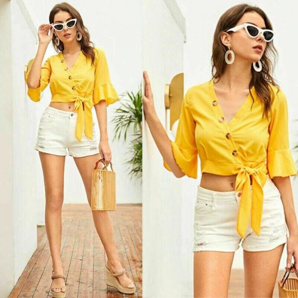 The Best New Women's Chiffon Half Sleeve V-Neck Bandage Shirt Fashion Ladies Summer Casual Solid Blouse Tops Women Clothes Online - Takalr