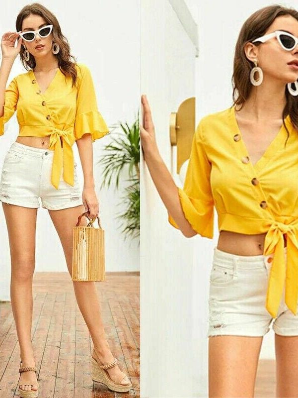 The Best New Women's Chiffon Half Sleeve V-Neck Bandage Shirt Fashion Ladies Summer Casual Solid Blouse Tops Women Clothes Online - Takalr