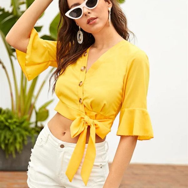 The Best New Women's Chiffon Half Sleeve V-Neck Bandage Shirt Fashion Ladies Summer Casual Solid Blouse Tops Women Clothes Online - Takalr