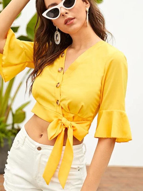 The Best New Women's Chiffon Half Sleeve V-Neck Bandage Shirt Fashion Ladies Summer Casual Solid Blouse Tops Women Clothes Online - Takalr