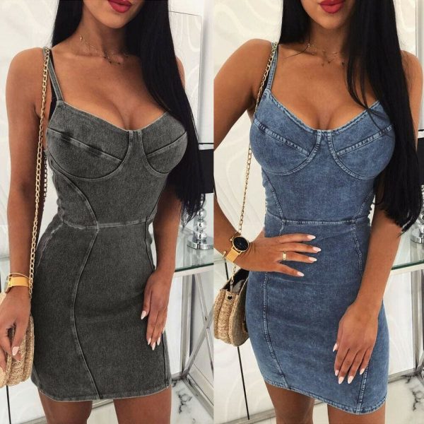 The Best New Women's Denim Bodycon Bandage Short Mini Dress Sexy Ladies Sleeveless Summer Cocktail Club Holiday Sundress Online - Takalr