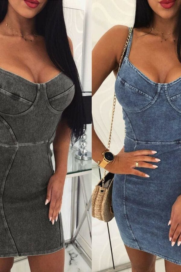 The Best New Women's Denim Bodycon Bandage Short Mini Dress Sexy Ladies Sleeveless Summer Cocktail Club Holiday Sundress Online - Takalr