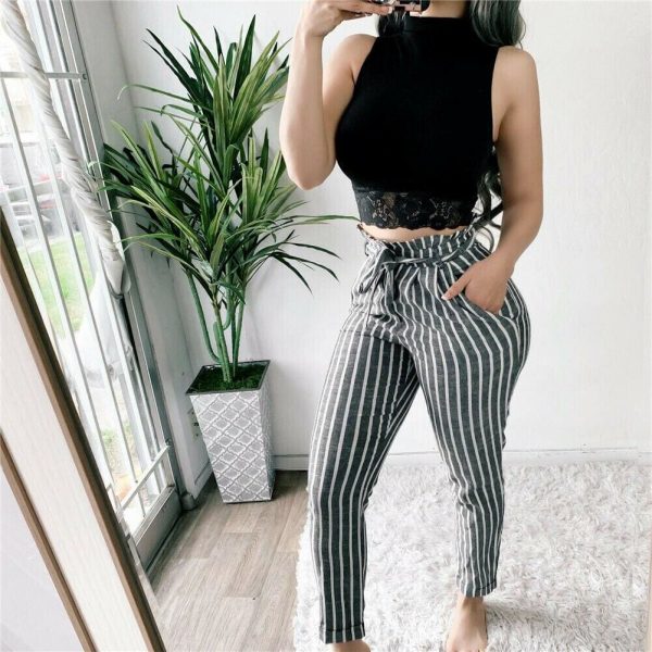 The Best New Women's Fashion Striped Tie Waist Baggy Cotton Linen Pants OL Ladies Casual Long Trousers with Pockets Online - Takalr