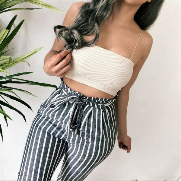 The Best New Women's Fashion Striped Tie Waist Baggy Cotton Linen Pants OL Ladies Casual Long Trousers with Pockets Online - Takalr