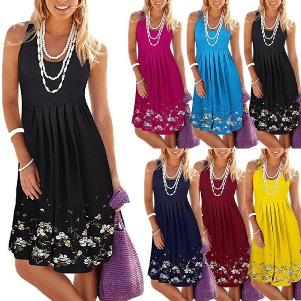 The Best New Women's Floral Bodycon High Waist Sleeveless Sundress Ladies Summer Casual Loose Short Midi Dress Online - Takalr