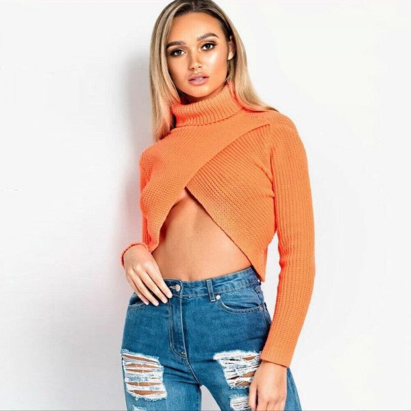 The Best New Women's Front Bolero Long Sleeve Hight Neck Loose Knitted Sweater Ladies Casual Jumper Pullover Top Streetwear Online - Takalr