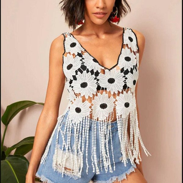 The Best New Women's Hollow Spelling Floral V-Neck Blouses Female Summer Casual Loose Tassel Fashion Short Top Blouse Online - Takalr