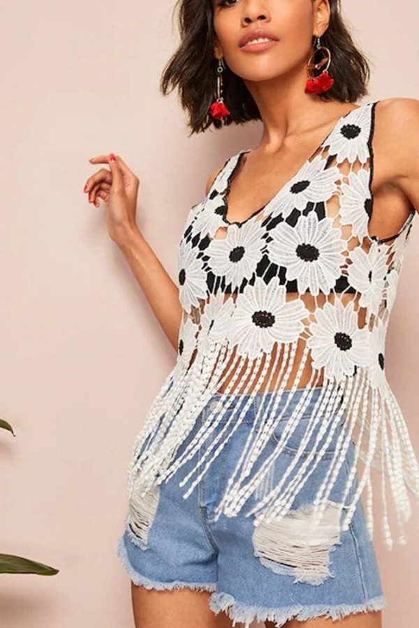 The Best New Women's Hollow Spelling Floral V-Neck Blouses Female Summer Casual Loose Tassel Fashion Short Top Blouse Online - Takalr