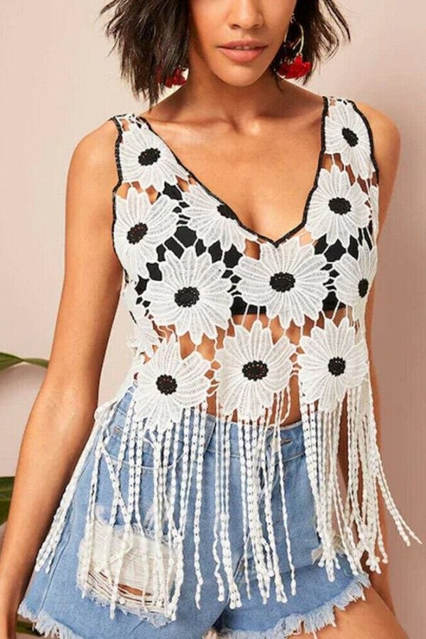 The Best New Women's Hollow Spelling Floral V-Neck Blouses Female Summer Casual Loose Tassel Fashion Short Top Blouse Online - Takalr