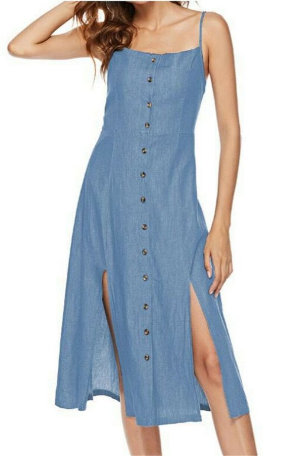 The Best New Women's Long Maxi Slim Dress Fashion Ladies Summer Denim Sleeveless Solid Casual Loose Beach Sundress Online - Takalr