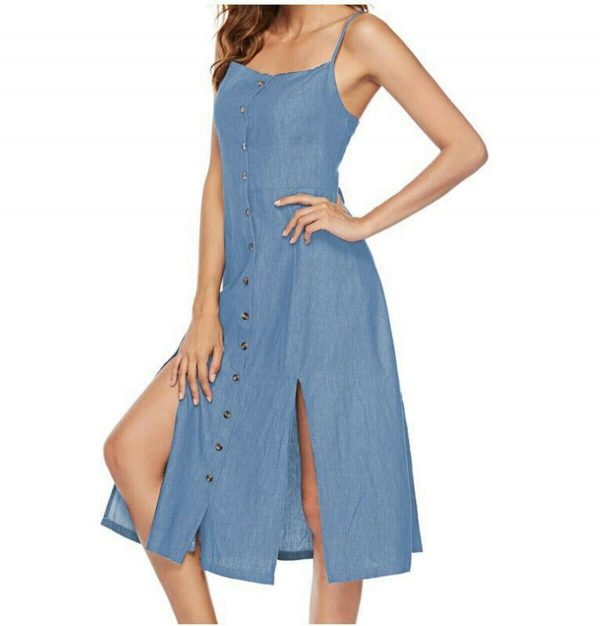 The Best New Women's Long Maxi Slim Dress Fashion Ladies Summer Denim Sleeveless Solid Casual Loose Beach Sundress Online - Takalr