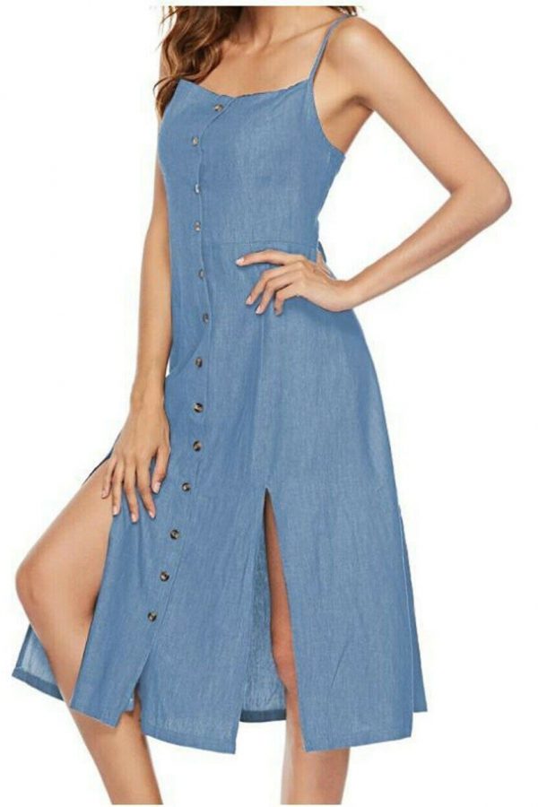 The Best New Women's Long Maxi Slim Dress Fashion Ladies Summer Denim Sleeveless Solid Casual Loose Beach Sundress Online - Takalr