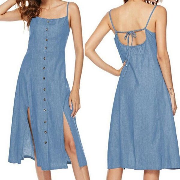 The Best New Women's Long Maxi Slim Dress Fashion Ladies Summer Denim Sleeveless Solid Casual Loose Beach Sundress Online - Takalr