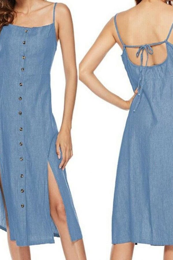 The Best New Women's Long Maxi Slim Dress Fashion Ladies Summer Denim Sleeveless Solid Casual Loose Beach Sundress Online - Takalr