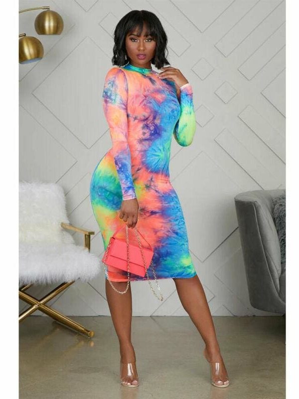 The Best New Women's Long Sleeve Ladies Stretch Bodycon Tie dyeing Print Dress Autumn Casual Holiday Slim Fit Dress Online - Takalr