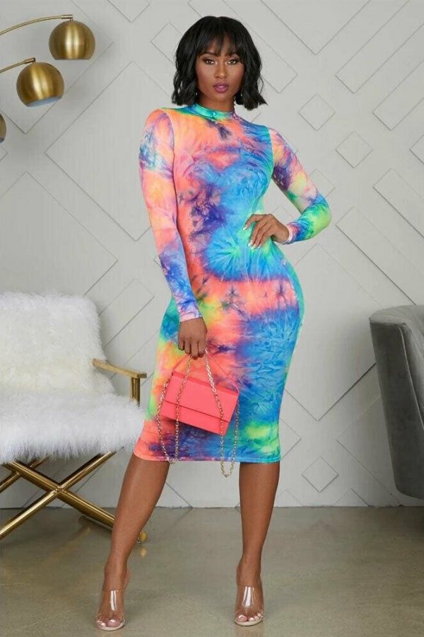 The Best New Women's Long Sleeve Ladies Stretch Bodycon Tie dyeing Print Dress Autumn Casual Holiday Slim Fit Dress Online - Takalr