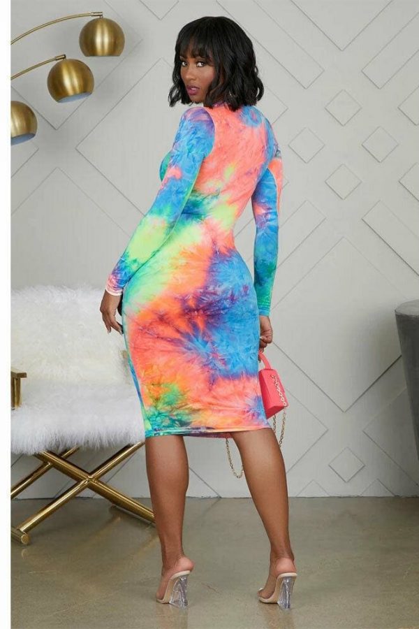 The Best New Women's Long Sleeve Ladies Stretch Bodycon Tie dyeing Print Dress Autumn Casual Holiday Slim Fit Dress Online - Takalr