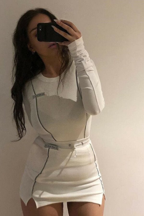 The Best New Women¡ès Two Pieces Reflective Striped Long Sleeve Pullover Crop Top + Sexy Bottom Skirt Outfit Tracksuit Online - Takalr