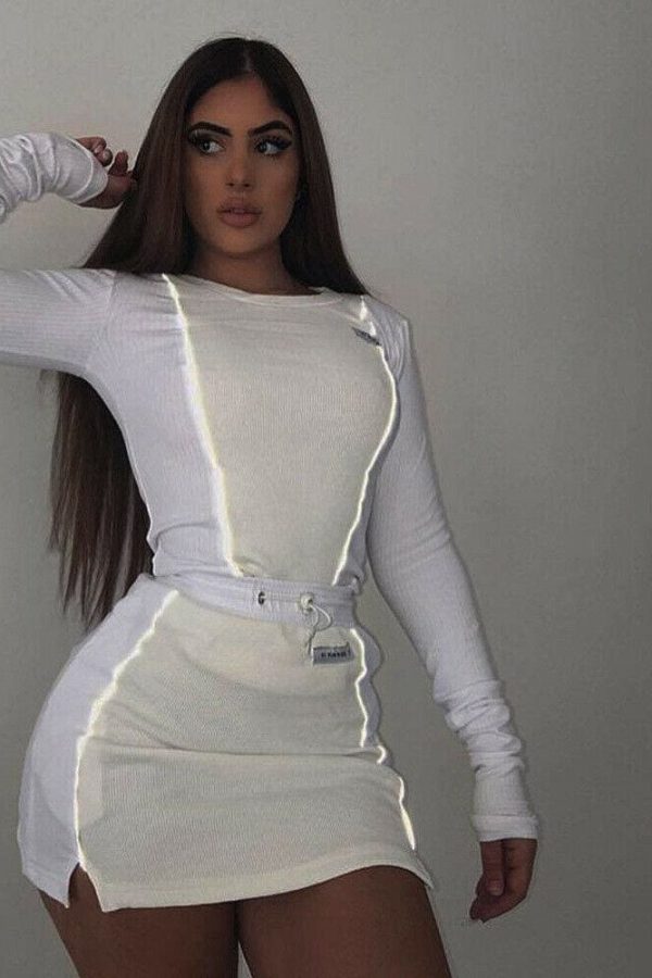 The Best New Women¡ès Two Pieces Reflective Striped Long Sleeve Pullover Crop Top + Sexy Bottom Skirt Outfit Tracksuit Online - Takalr