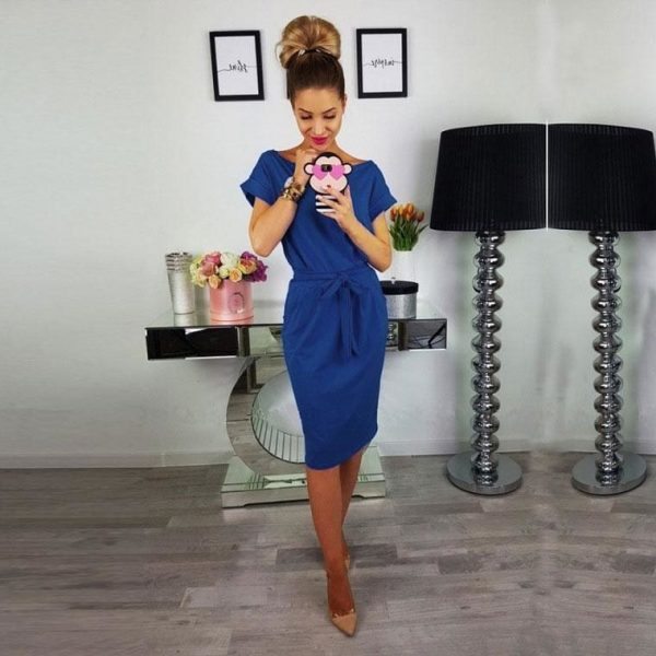 The Best O-neck Short Sleeves Lacing Dresses Women Casual Pockets Simple Dress Online - Takalr