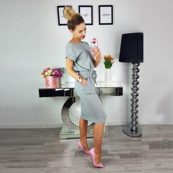 The Best O-neck Short Sleeves Lacing Dresses Women Casual Pockets Simple Dress Online - Takalr