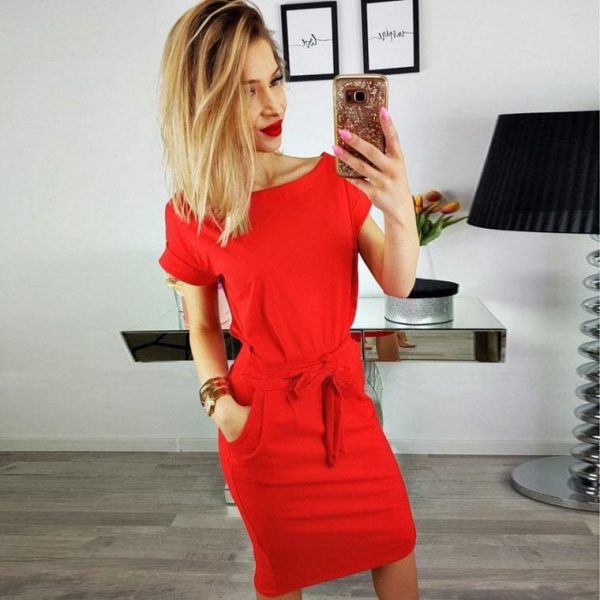 The Best O-neck Short Sleeves Lacing Dresses Women Casual Pockets Simple Dress Online - Takalr