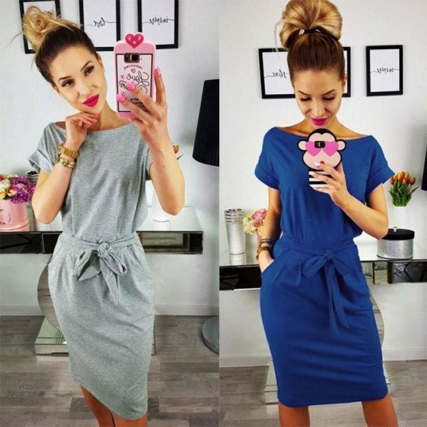 The Best O-neck Short Sleeves Lacing Dresses Women Casual Pockets Simple Dress Online - Takalr