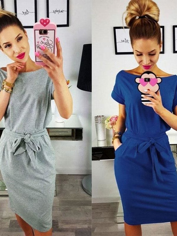 The Best O-neck Short Sleeves Lacing Dresses Women Casual Pockets Simple Dress Online - Takalr