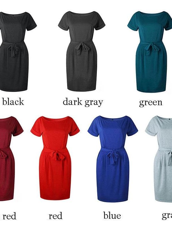 The Best O-neck Short Sleeves Lacing Dresses Women Casual Pockets Simple Dress Online - Takalr