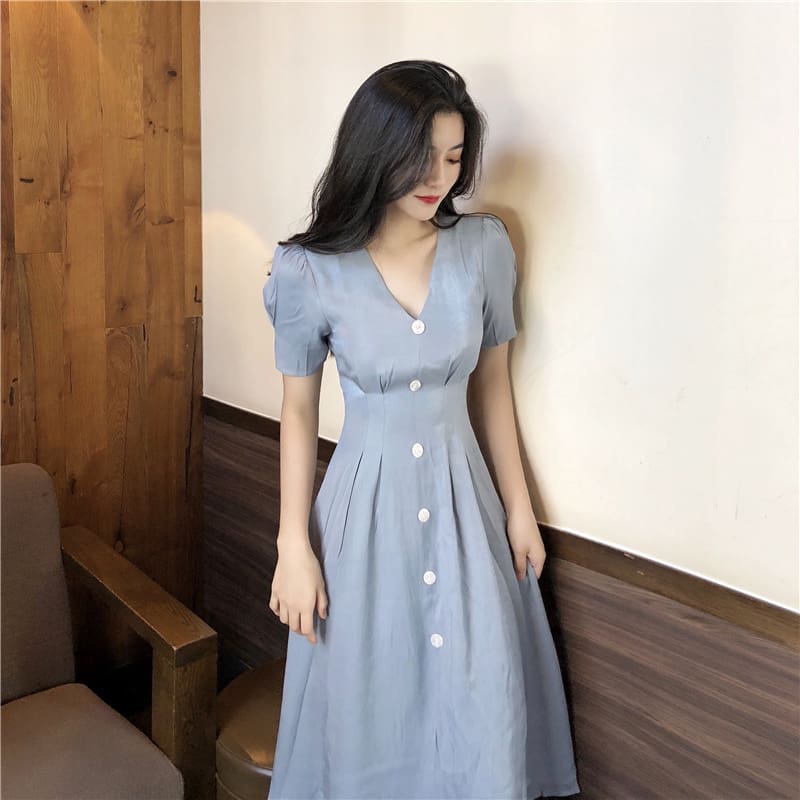 Summer Vintage V-neck Single Breasted Dress Womens Lovely Dresses