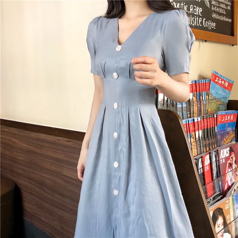 Summer Vintage V-neck Single Breasted Dress Womens Lovely Dresses