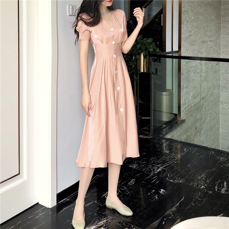 Summer Vintage V-neck Single Breasted Dress Womens Lovely Dresses