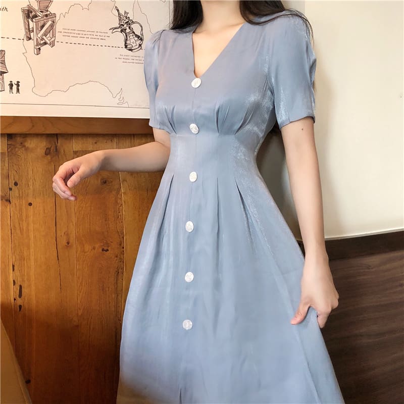 Summer Vintage V-neck Single Breasted Dress Womens Lovely Dresses