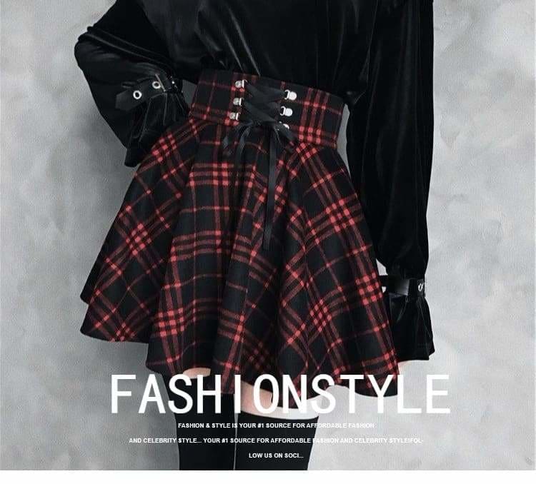 Plaid Pleated Ball Gown High Waist Lace Up Wool Skirt Bottom