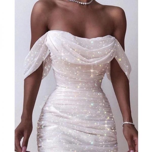 The Best Off Shoulder Pleated White bodycon Dress Women Strapless Backless Shinny Dress Elegant Party Dresses Clothes Online - Takalr