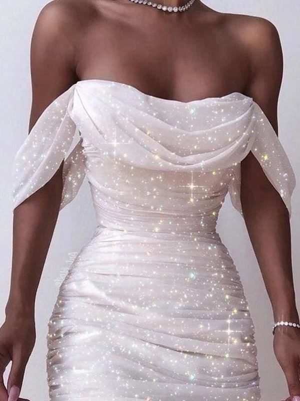 The Best Off Shoulder Pleated White bodycon Dress Women Strapless Backless Shinny Dress Elegant Party Dresses Clothes Online - Takalr