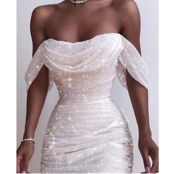 The Best Off Shoulder Pleated White bodycon Dress Women Strapless Backless Shinny Dress Elegant Party Dresses Clothes Online - Takalr