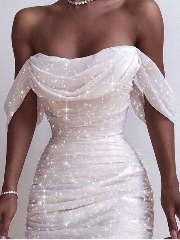 The Best Off Shoulder Pleated White bodycon Dress Women Strapless Backless Shinny Dress Elegant Party Dresses Clothes Online - Takalr