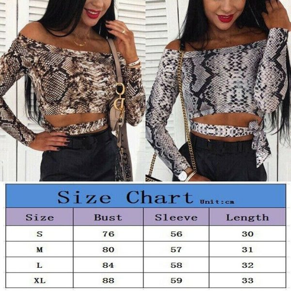 The Best Off Shoulder Snake Skin Print Fitted Tee Long Sleeve Slim Spring Hollow Bowknot T Shirt Women Spring Autumn Fashion Ladies Tops Online - Takalr