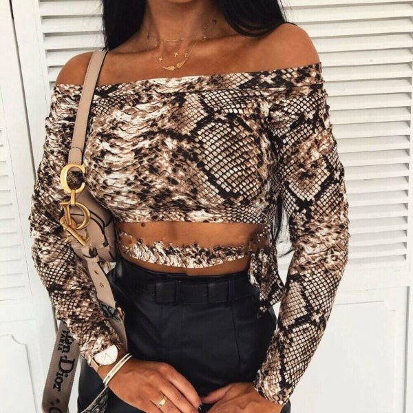 The Best Off Shoulder Snake Skin Print Fitted Tee Long Sleeve Slim Spring Hollow Bowknot T Shirt Women Spring Autumn Fashion Ladies Tops Online - Takalr