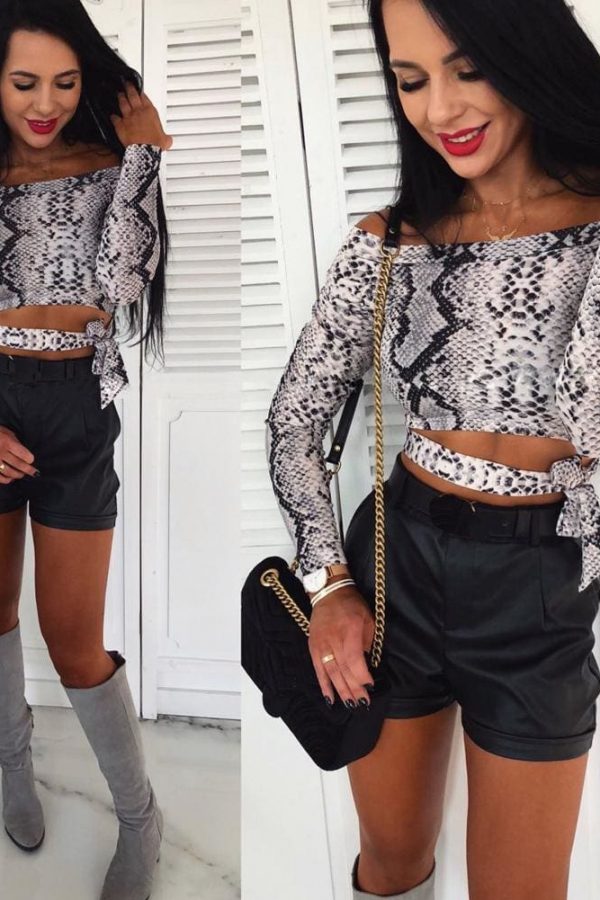 The Best Off Shoulder Snake Skin Print Fitted Tee Long Sleeve Slim Spring Hollow Bowknot T Shirt Women Spring Autumn Fashion Ladies Tops Online - Takalr