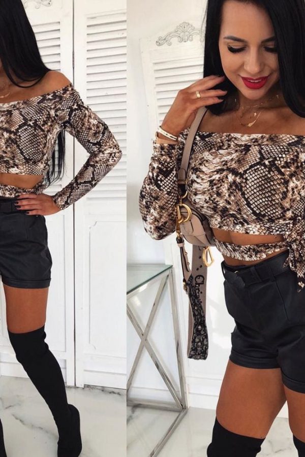 The Best Off Shoulder Snake Skin Print Fitted Tee Long Sleeve Slim Spring Hollow Bowknot T Shirt Women Spring Autumn Fashion Ladies Tops Online - Takalr