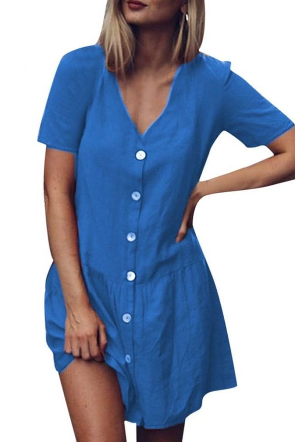 The Best Office Casual Womens Dresses V-Neck Short Sleeve Buttons Sundress Online - Takalr