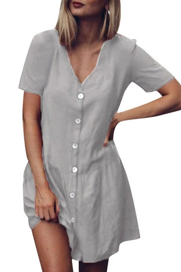 The Best Office Casual Womens Dresses V-Neck Short Sleeve Buttons Sundress Online - Takalr