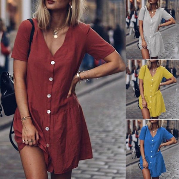 The Best Office Casual Womens Dresses V-Neck Short Sleeve Buttons Sundress Online - Takalr