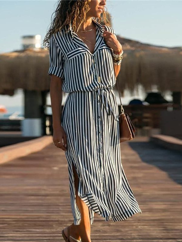 The Best Office Ladies Stripe Shirt Dress Chiffon Casual Long Sleeve Dress Online - Source Silk